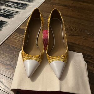 Tory Burch Yellow and White Woven Heels